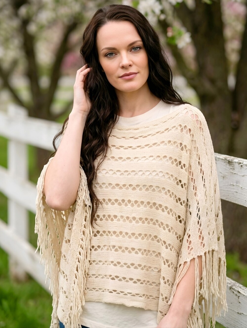 Boho Knitwear ✦ Beige Open Knit Fringe Poncho Sweater ✦ Lightweight Layering OS